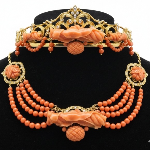 Antique Victorian Carved Coral Pendant Brooch 12k Gold Rope Ribbon Basket Tiara - Picture 9 of 9